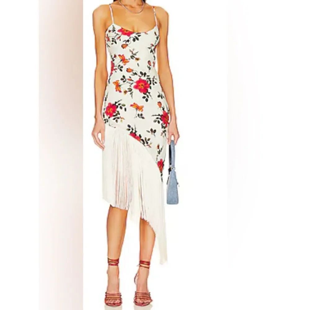 Marae Belle Asymmetrical Floral Fringe Slip Dress in Cream and Red Size S NWT